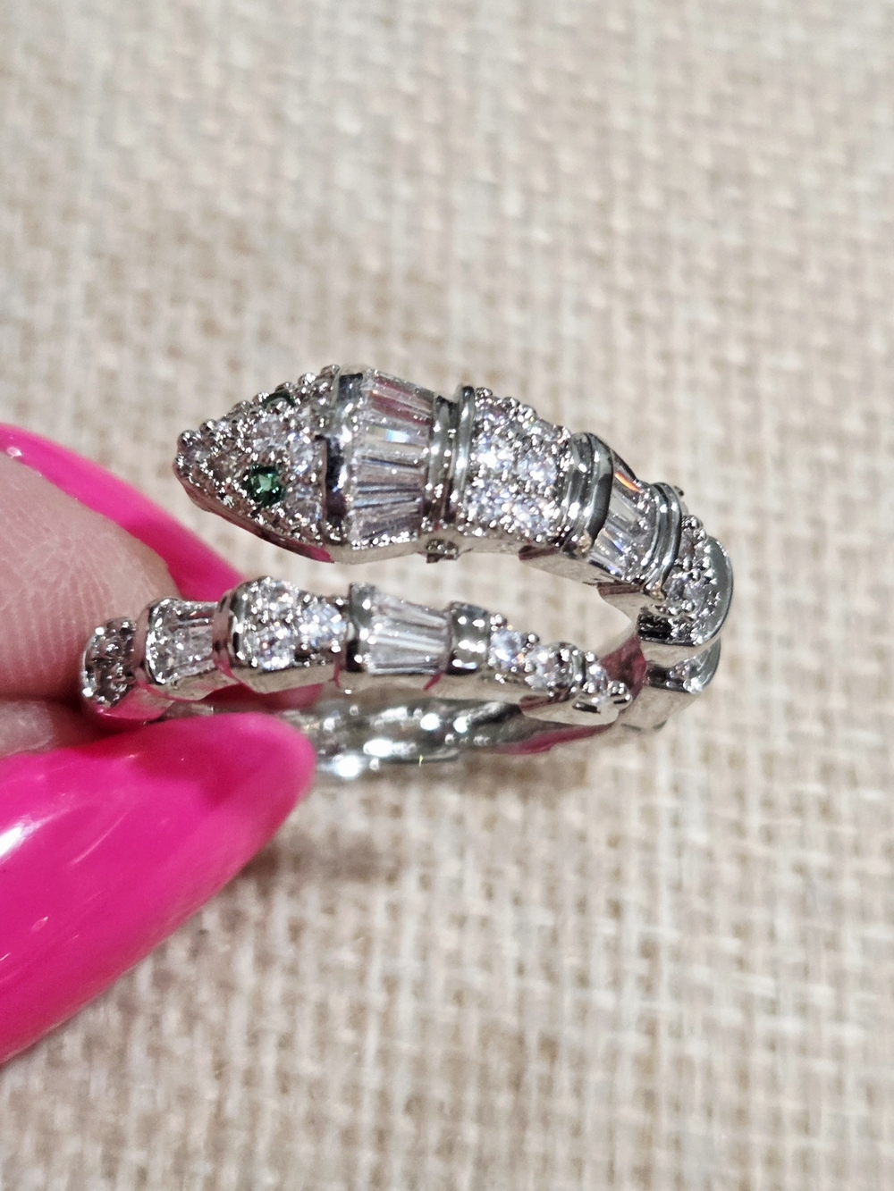 Pave Crystal Snake Wrap Ring with Emerald Green Eyes~size 9